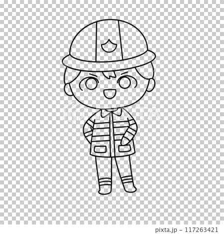A cartoon character wearing a hard hat and a fireman's uniform 117263421