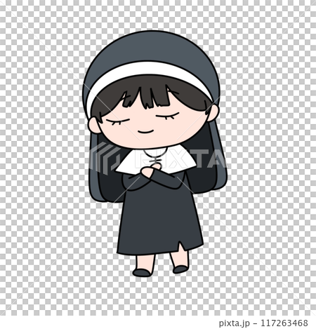 A cartoonish drawing of a nun with a white collar and a black dress 117263468