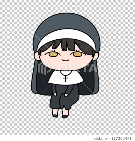 A cartoon nun with a cross around her neck and a white veil on her head A cartoon nun with a cross around her neck and a white veil on her head 117263471