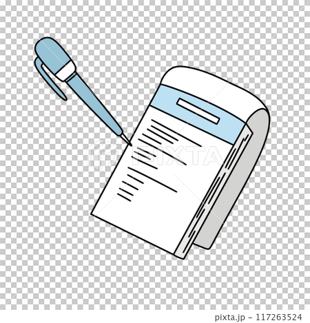 A pen is writing on a piece of paper 117263524