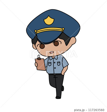 A cartoon police officer is holding a clipboard and wearing a blue hat 117263560