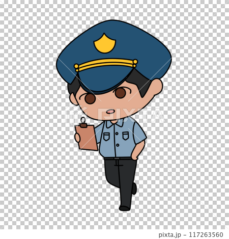 A cartoon police officer is holding a clipboard and wearing a blue hat 117263560