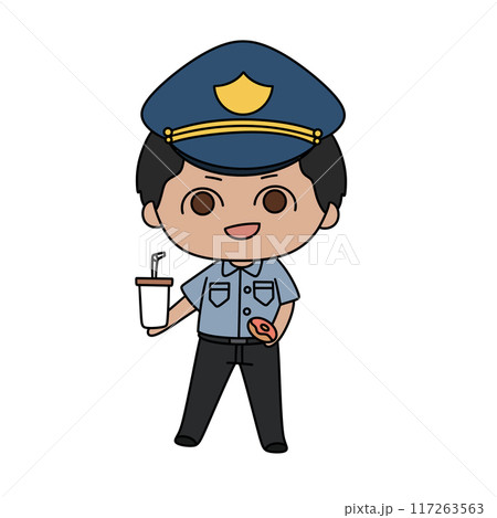 A cartoon police officer holding a cup and a donut A cartoon police officer holding a cup and a donut 117263563