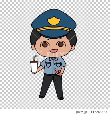 A cartoon police officer holding a cup and a donut A cartoon police officer holding a cup and a donut 117263563