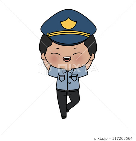 A cartoonish police officer with a blue hat and a smile on his face A cartoonish police officer with a blue hat and a smile on his face 117263564