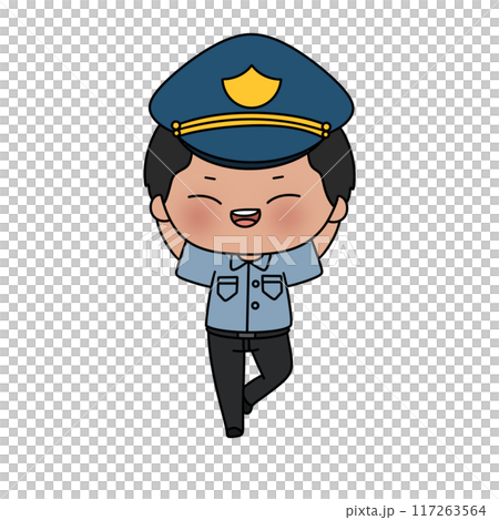 A cartoonish police officer with a blue hat and a smile on his face A cartoonish police officer with a blue hat and a smile on his face 117263564