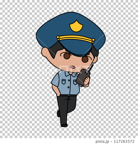 A cartoonish police officer is holding a cell phone A cartoonish police officer is holding a cell phone 117263572