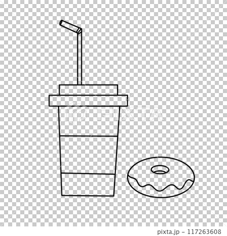 A cup of coffee with a straw and a donut on the side A cup of coffee with a straw and a donut on the side 117263608