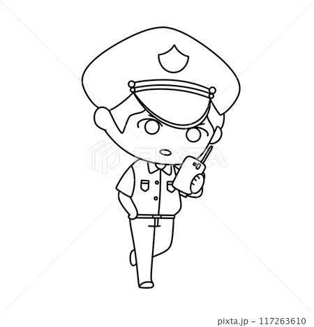 A cartoon police officer is holding a cell phone 117263610
