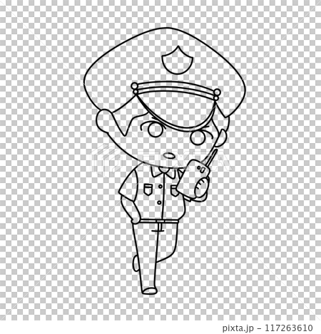A cartoon police officer is holding a cell phone 117263610