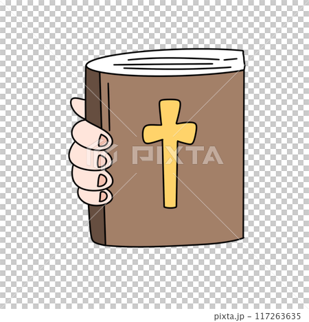 A hand is holding a brown book with a cross on it A hand is holding a brown book with a cross on it 117263635