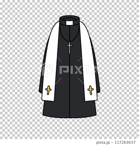 A black and white drawing of a priest's robe with a cross and a white scarf 117263637