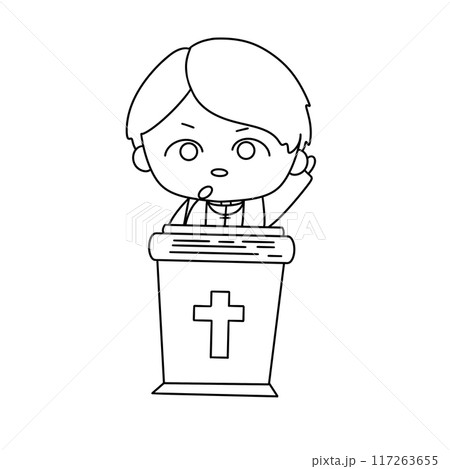 A cartoon boy is standing in front of a microphone and holding a Bible A cartoon boy is standing in front of a microphone and holding a Bible 117263655