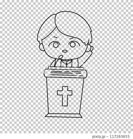 A cartoon boy is standing in front of a microphone and holding a Bible A cartoon boy is standing in front of a microphone and holding a Bible 117263655