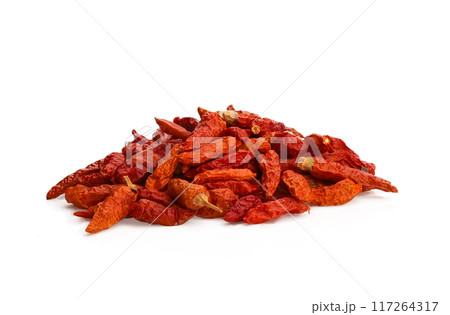 Dried red Karen chili is traditional Asia chili (Prik Ka Reang) on white background Dried red Karen chili is traditional Asia chili (Prik Ka Reang) on white background 117264317