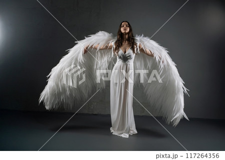 Woman Wearing White Angel Wings Woman Wearing White Angel Wings 117264356