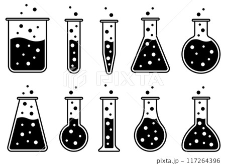 様々な形の実験用具、フラスコ、ビーカー、試験管などのガラス器具のベクターイラストセット 様々な形の実験用具、フラスコ、ビーカー、試験管などのガラス器具のベクターイラストセット 117264396