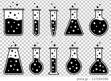 様々な形の実験用具、フラスコ、ビーカー、試験管などのガラス器具のベクターイラストセット 様々な形の実験用具、フラスコ、ビーカー、試験管などのガラス器具のベクターイラストセット 117264396