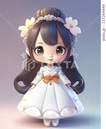 ちびキャラ　白いウエディングドレス衣装を着た少女のイメージ素材 117264949