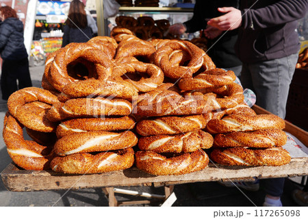 Turkish Bagel Simit selling in a van Turkish Bagel Simit selling in a van 117265098
