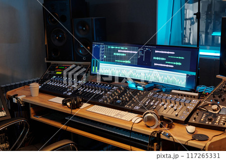 Recording Studio Equipment Featuring Audio Mixing Consoles 117265331