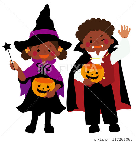 ハロウィーン用のコスプレを楽しむ子供たちのベクターイラスト ハロウィーン用のコスプレを楽しむ子供たちのベクターイラスト 117266066