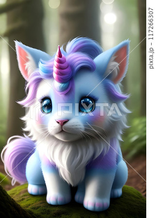 Mystical animal. Cat unicorn. Close up. Blurred background. 117266307