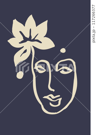 Vertical poster or card with ink wash drawing of abstract female face and flowers silhouette on dark background 117266377