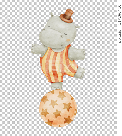 Watercolor circus hippo with hat on ball. Funny retro cute animal on isolated background. Watercolor circus hippo with hat on ball. Funny retro cute animal on isolated background. 117266410