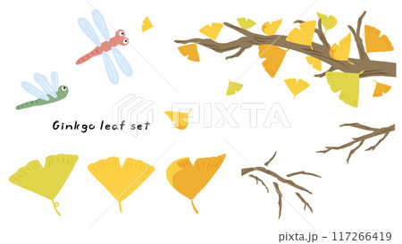 イチョウの葉、トンボ、風に吹かれて落ちる葉のかわいい手描きイラストセット 117266419