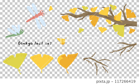 イチョウの葉、トンボ、風に吹かれて落ちる葉のかわいい手描きイラストセット 117266419