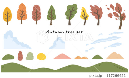 秋の木、山、雲、風景、秋の素材のかわいい手描きイラストセット 117266421