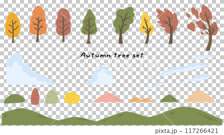 可愛的手繪插畫集秋天的樹木、山巒、雲彩、風景、秋天的素材 117266421