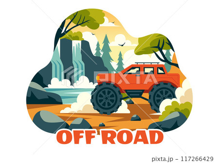 Off Road Vector Illustration of a Jeep or SUV Traversing Rocky Terrain, Rivers, and Sand in a Flat Extreme Sport Style Cartoon Background 117266429