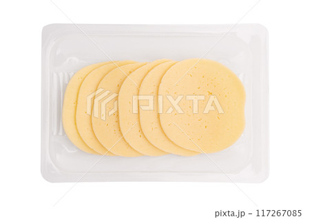 round sliced cheese in plastic package isolated on white 117267085