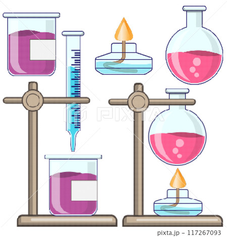 A set of chemical glassware. Pixel art. Isolated on white background. Vector illustration. A set of chemical glassware. Pixel art. Isolated on white background. Vector illustration. 117267093