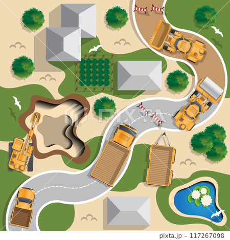 Construction of the road. View from above. Vector illustration. 117267098