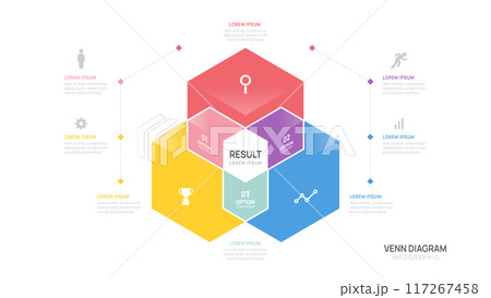 Infographic Hexagon Venn diagram chart template for business start up presentation with venn diagram elements vector illustration. 117267458