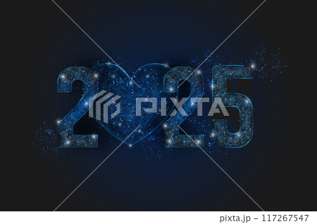 Abstract isolated blue image of new year number 2025. Polygonal low poly wireframe illustration looks like stars in the black night sky in space or flying glass shards. Digital web, internet design. 117267547
