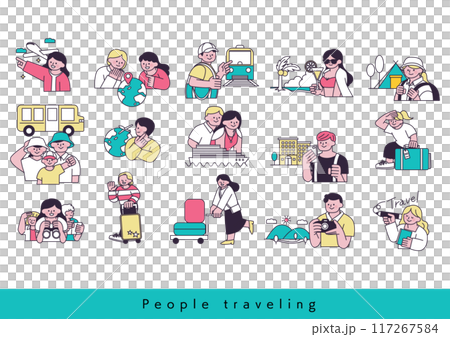旅行する人々のシンプルな線で書かれたイラストセット 117267584