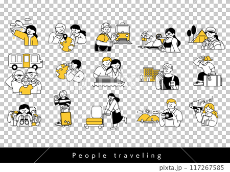 A set of simple line illustrations of people traveling 117267585