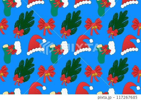 Christmas Seamless Pattern with Stockings and Santa Hats Christmas Seamless Pattern with Stockings and Santa Hats 117267685