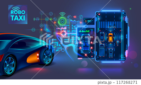 Autonomous vehicle car or taxi technology concept. Autonomous car futuristic interface with vehicle system information, map city, virtual dashboard. AI controls robotics automotive taxi of smart city. 117268271