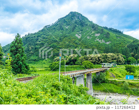 蒲生岳を背景に真奈川橋梁を渡る只見線～只見町～ 117268412