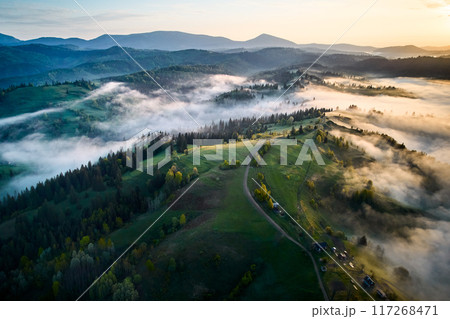 Aerial view of breathtaking sunrise over misty landscape with rolling hills and verdant fields. Soft light pierces through fog, casting long shadows and illuminating trees, creating magical scene. Aerial view of breathtaking sunrise over misty landscape with rolling hills and verdant fields. Soft light pierces through fog, casting long shadows and illuminating trees, creating magical scene. 117268471