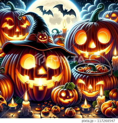 黒背景にコウモリとウサギがハロウィンのカボチャとカボチャがカボチャのハロウィン背景イラスト 117268547
