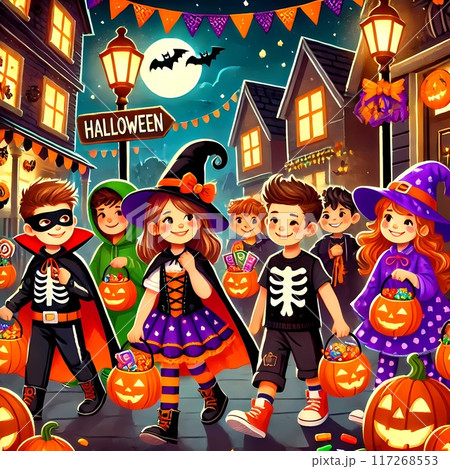 ハロウィンでカボチャを踊る子供たち 117268553