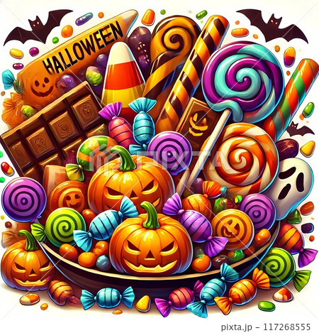 ハロウィンのカラフルなチョコレートスイーツのイラスト 117268555