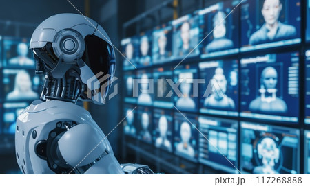 An advanced robot processes facial recognition data on multiple screens for monitoring and security 117268888