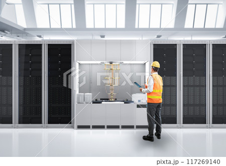 Quantum engineering technology with engineer develop quantum computer machine in shield capsule Quantum engineering technology with engineer develop quantum computer machine in shield capsule 117269140